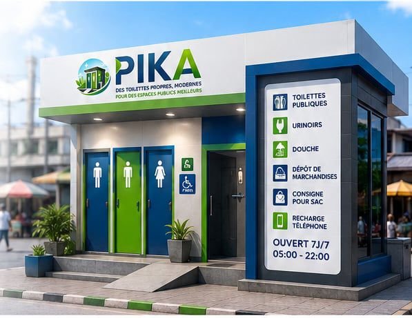 Kiosque PIKA avec toilettes, urinoirs et panneau de services à Brazzaville